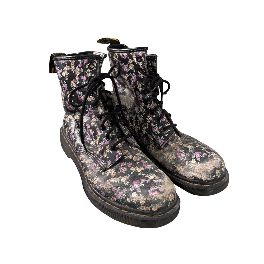 Dr. Martens 1460 Floral Print Leather Lace Up Boots Black Pink Yellow Womens 9